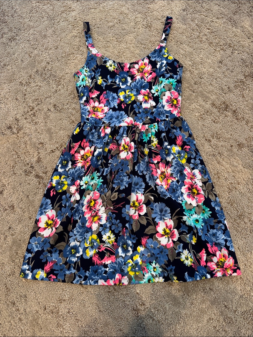 Aqua Navy Floral Spaghetti-Strap Sundress with Pink & Blue Blooms